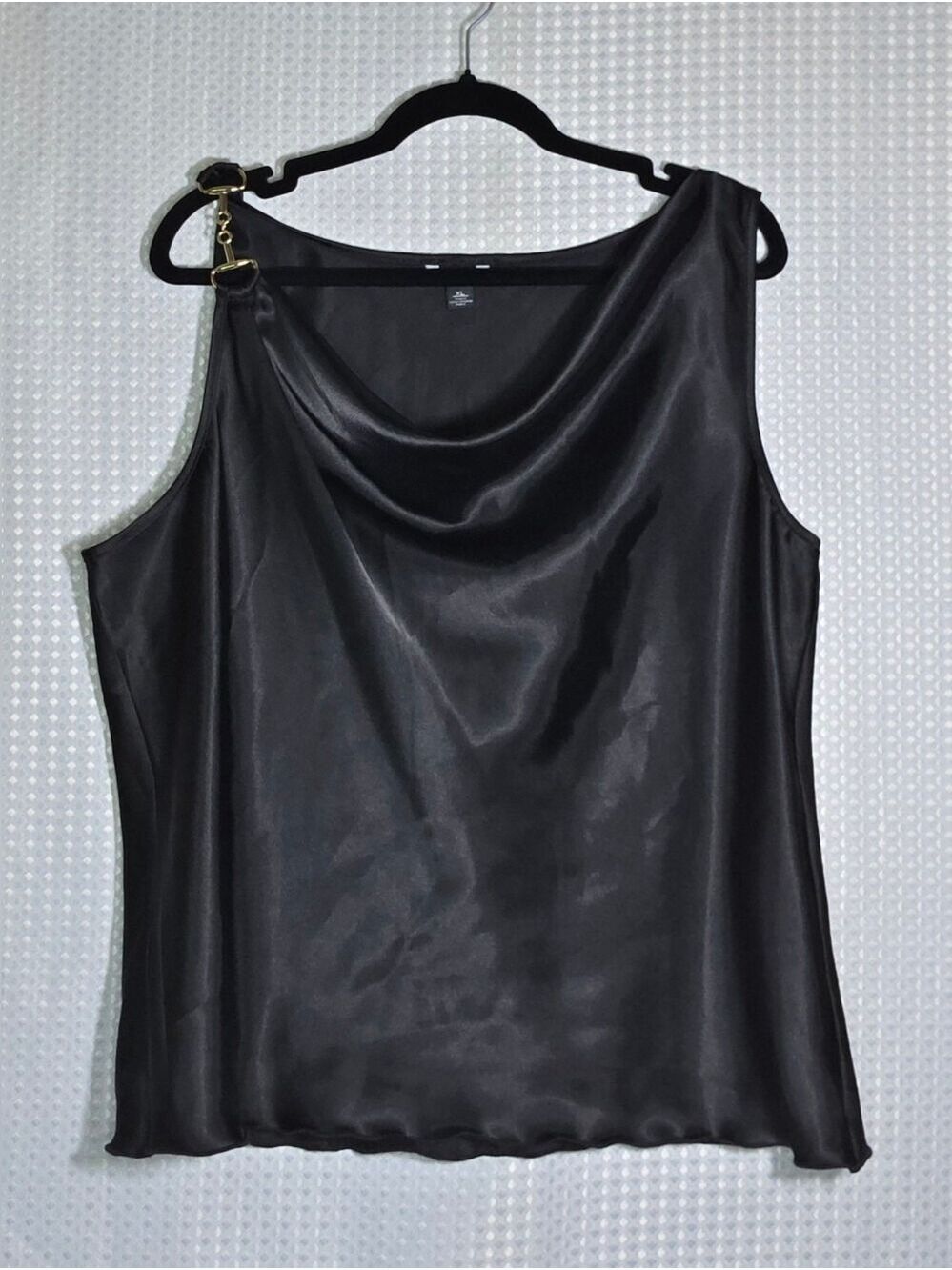 Cache XL Black Satin Cowl Neck Top Gold Buckle Shoulder Cocktail Chic - Picture 8 of 12